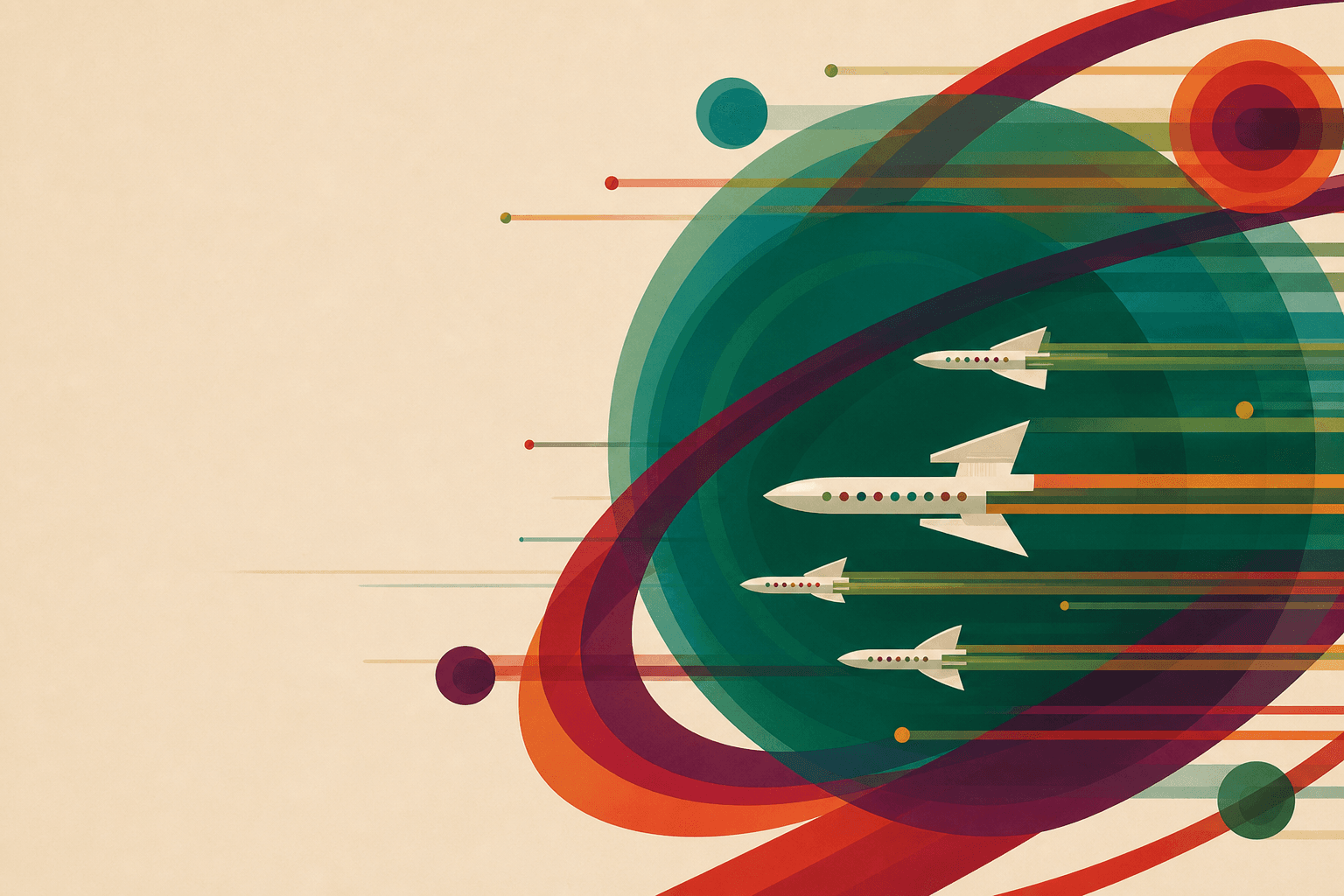 Retro-futuristic spacecraft charting routes around a distant green planet